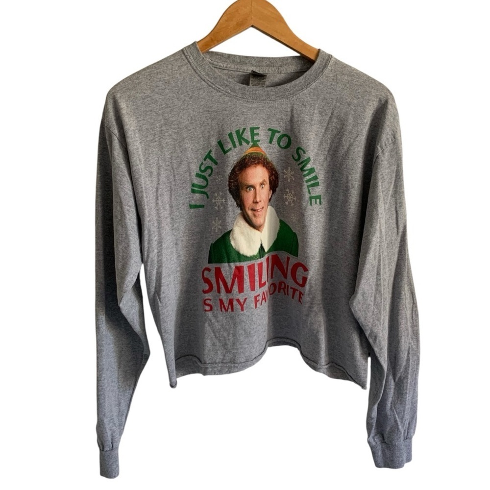 Buddy the Elf Christmas Movie Graphic Print Gray Cropped Casual Long Sleeve Top